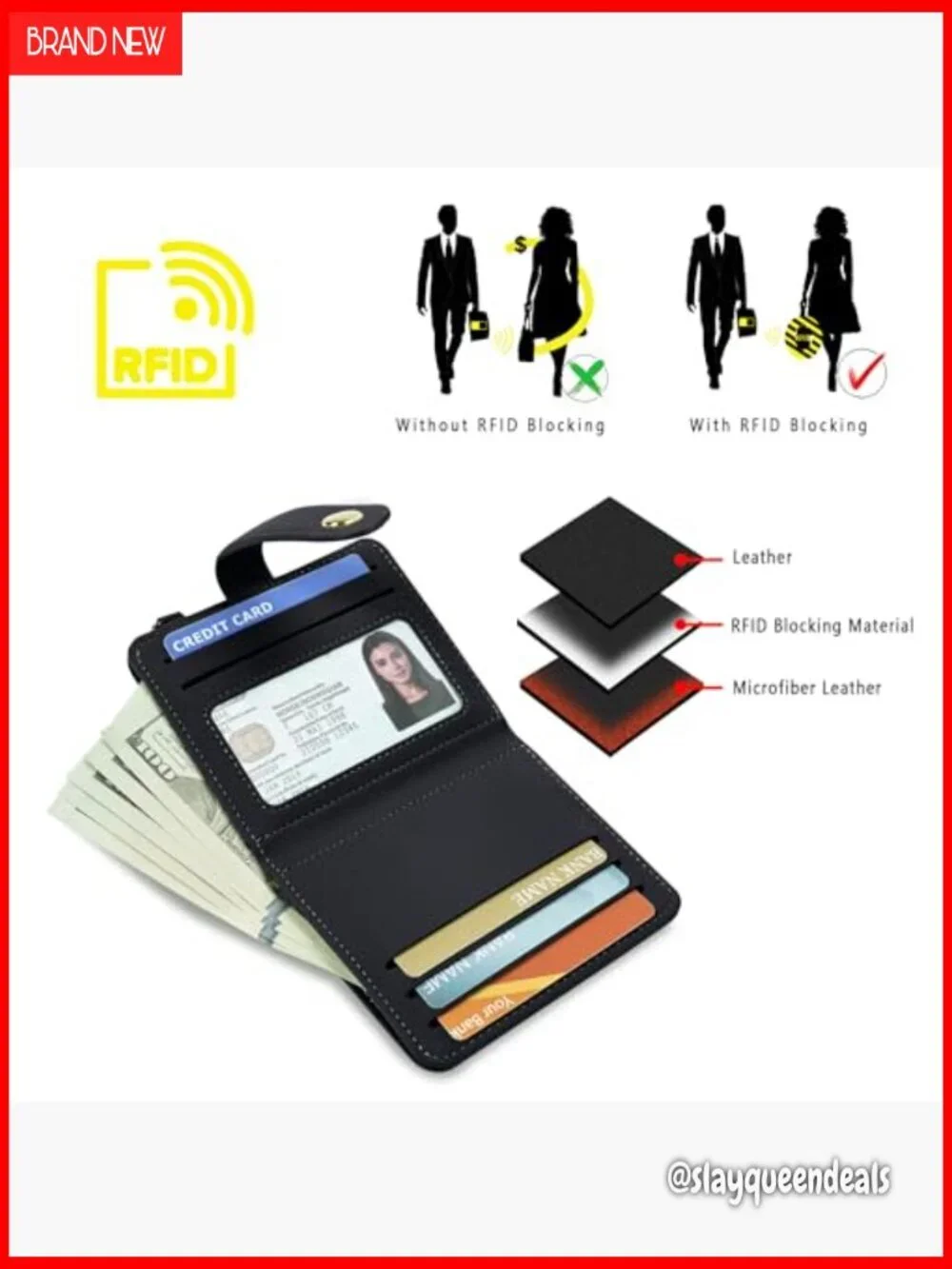 Slim RFID Blocking Leather Wallet with ID Window and Zipper Coin Pocket